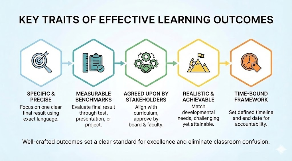 Infographic explaining key features of effective learning outcomes in a digital classroom