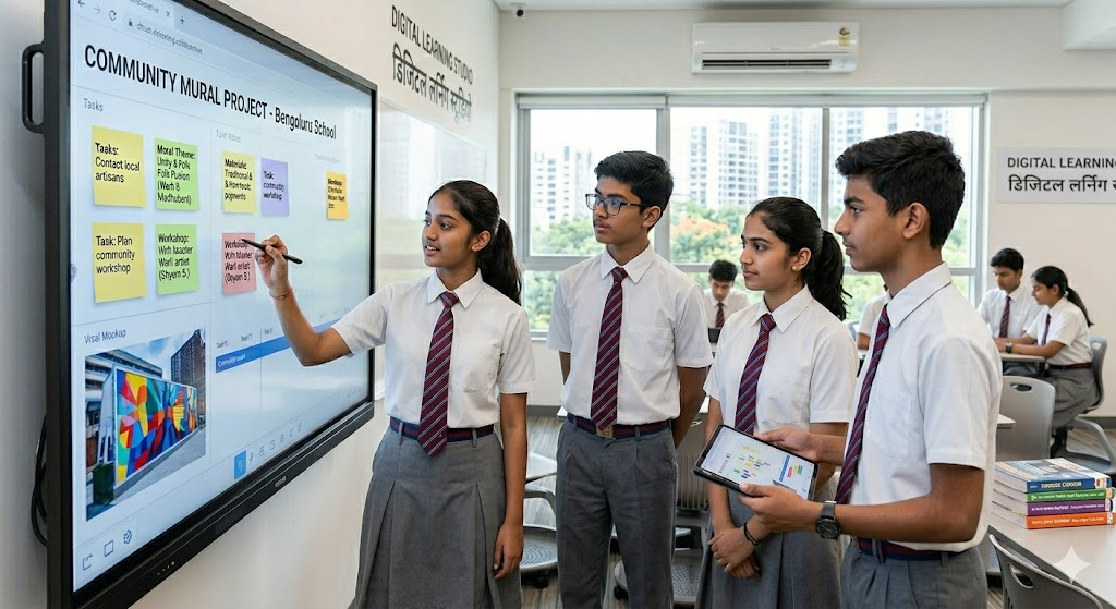Indian students in uniform using a smart board for collaborative learning in a digital classroom.