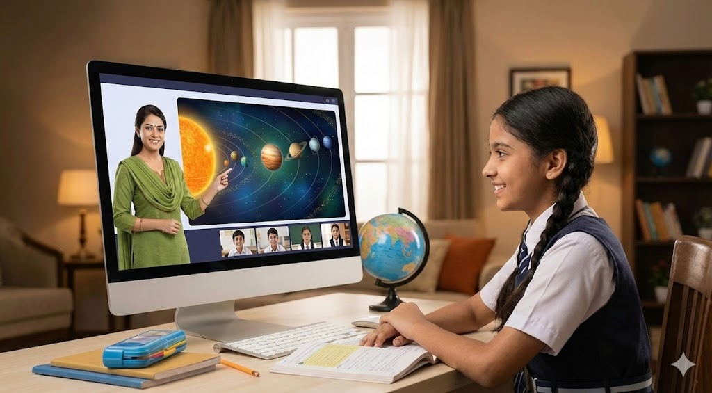A student attending a digital hybrid class on a computer from a home study space.