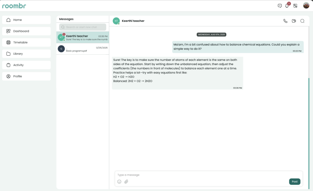 Roombr AI Tutor interface for instant student doubt resolution and personalized learning.