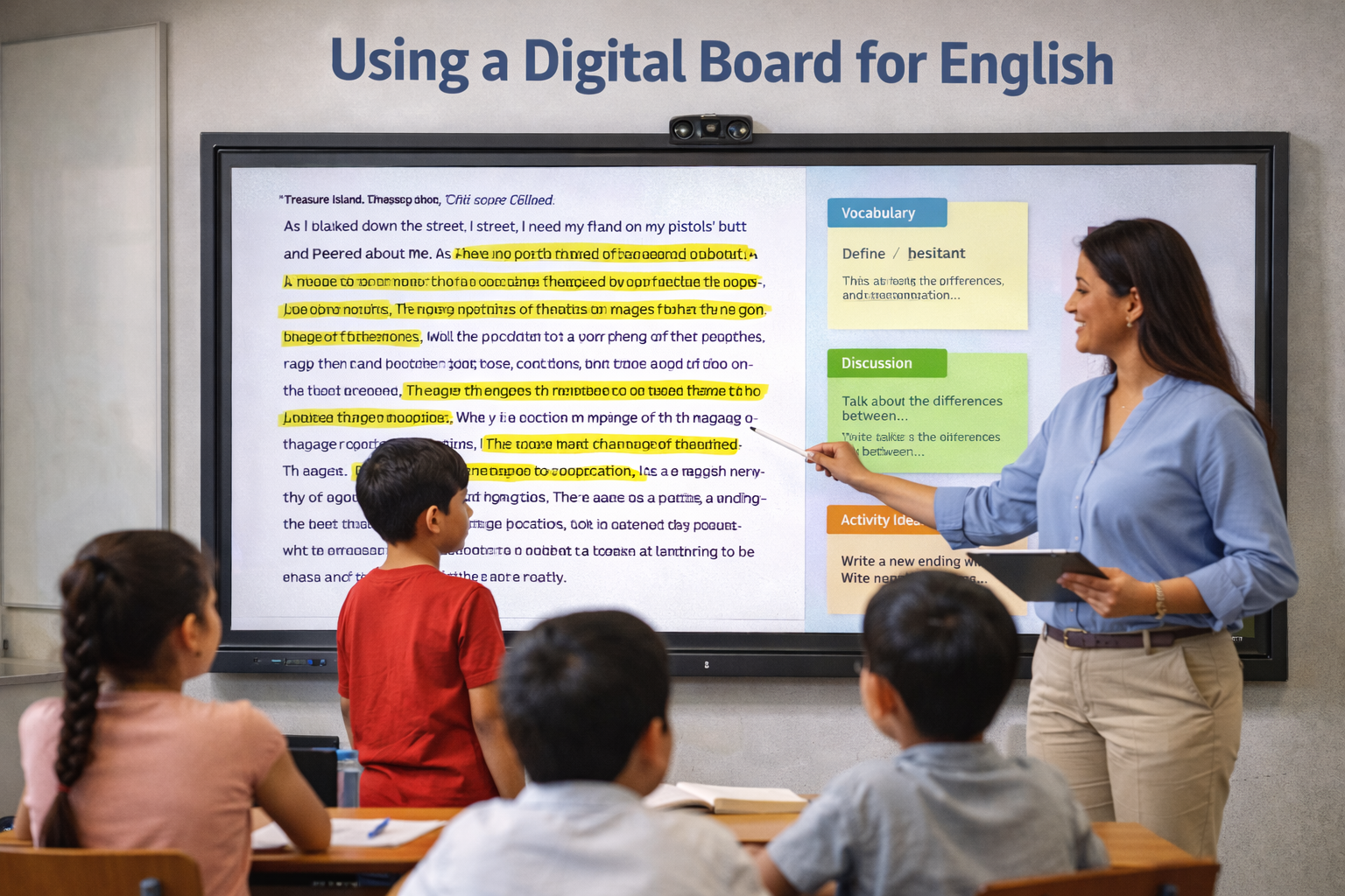 Teacher using a digital board in a digital classroom for English lesson with students