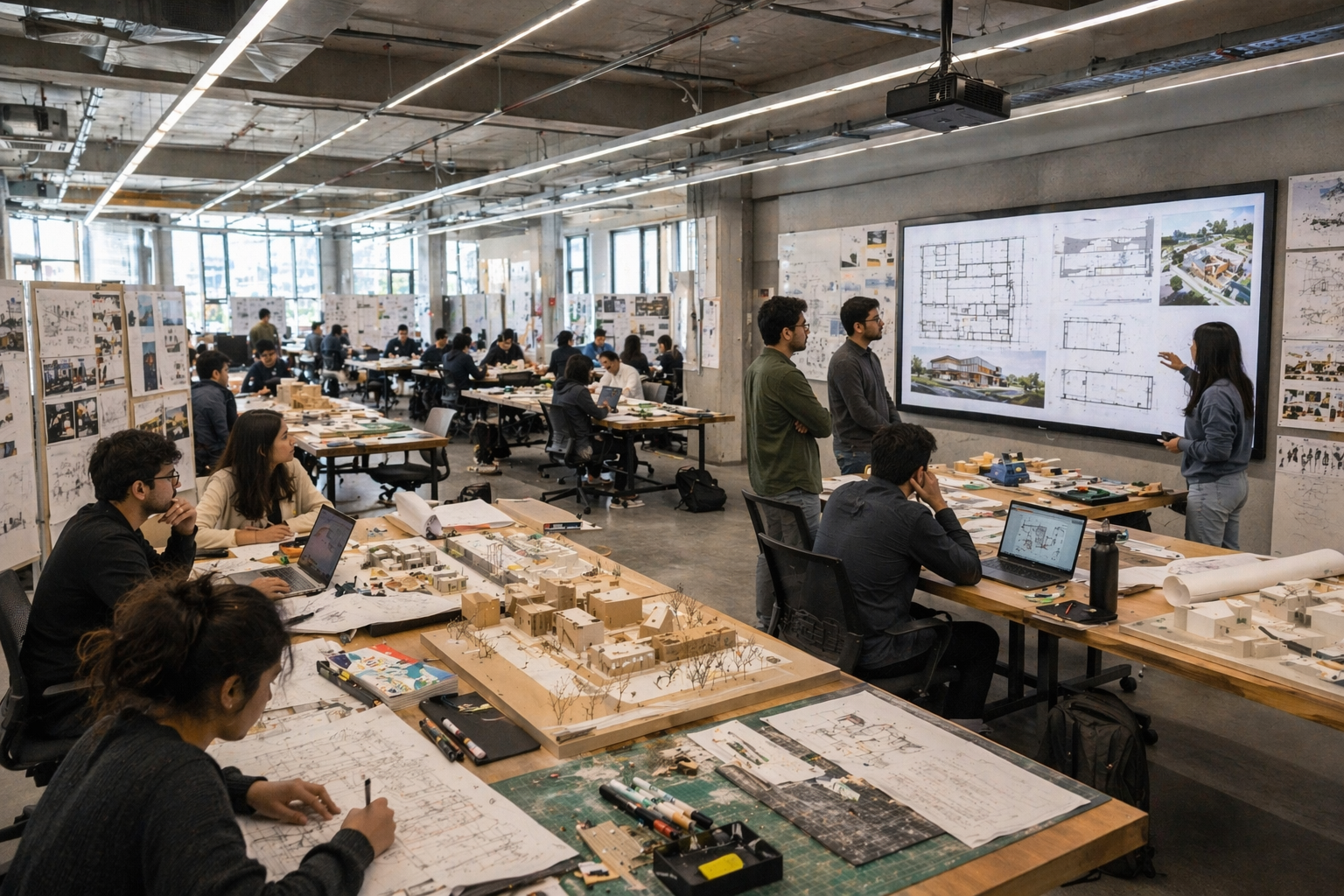 Architecture college studio with smart classroom design, hybrid jury and collaborative workspace  