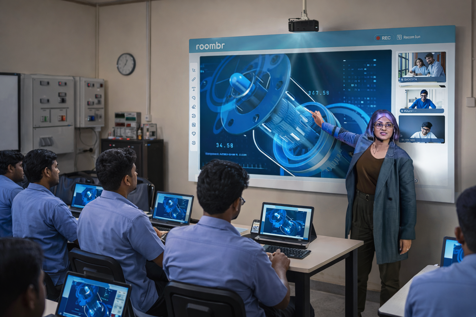 Roombr-powered hybrid ITI classroom with interactive wall and remote learners 