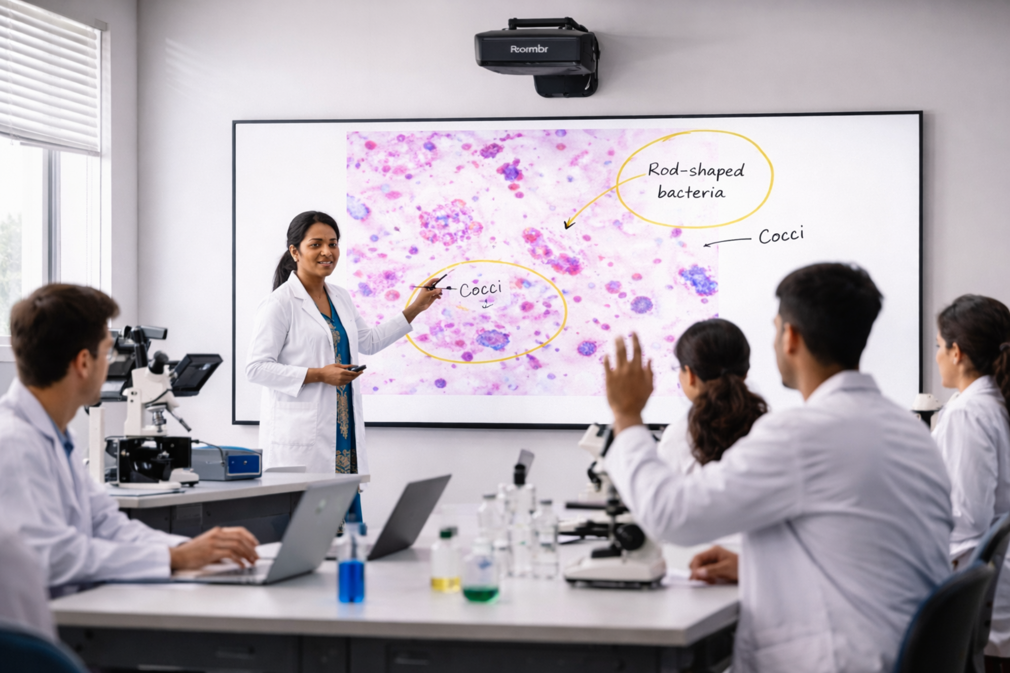 Indian teacher explaining microscope image on smart board in a lab 