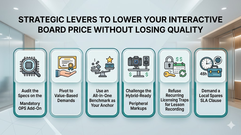 Infographic showing 6 strategic levers to lower interactive board price