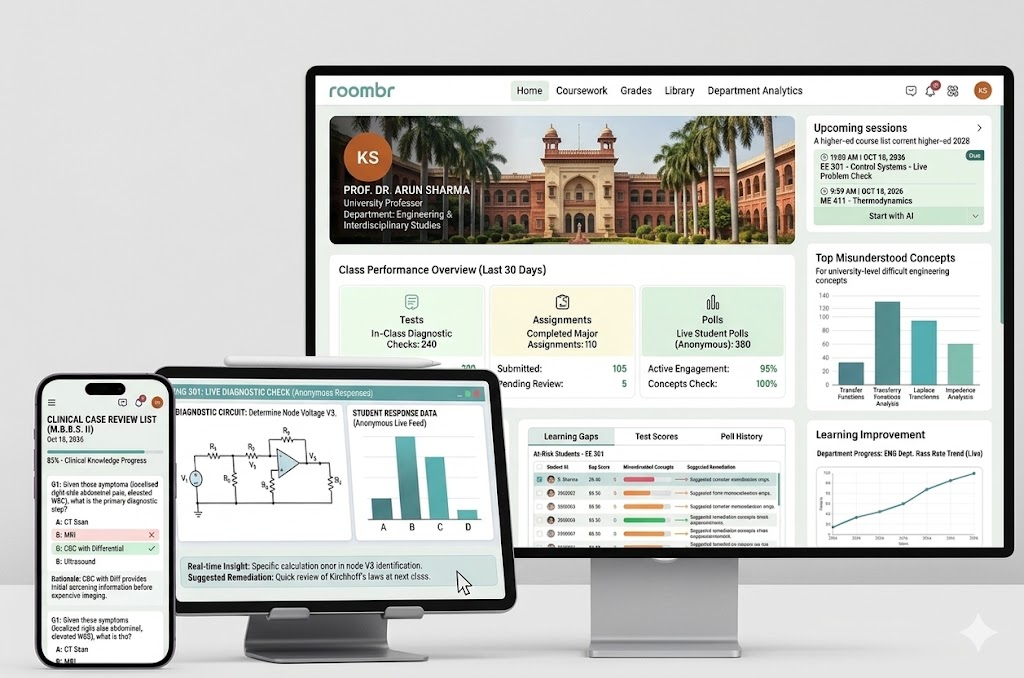 Roombr desktop and mobile app showing live digital assessments for higher education. 