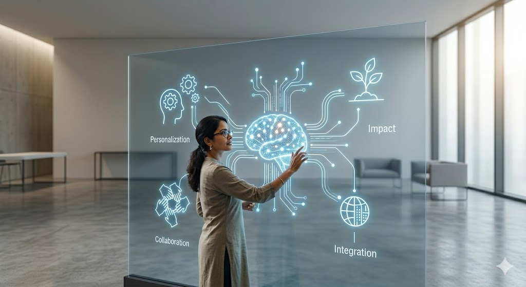 Strategy visualization on an interactive screen: personalization, collaboration, impact, integration.