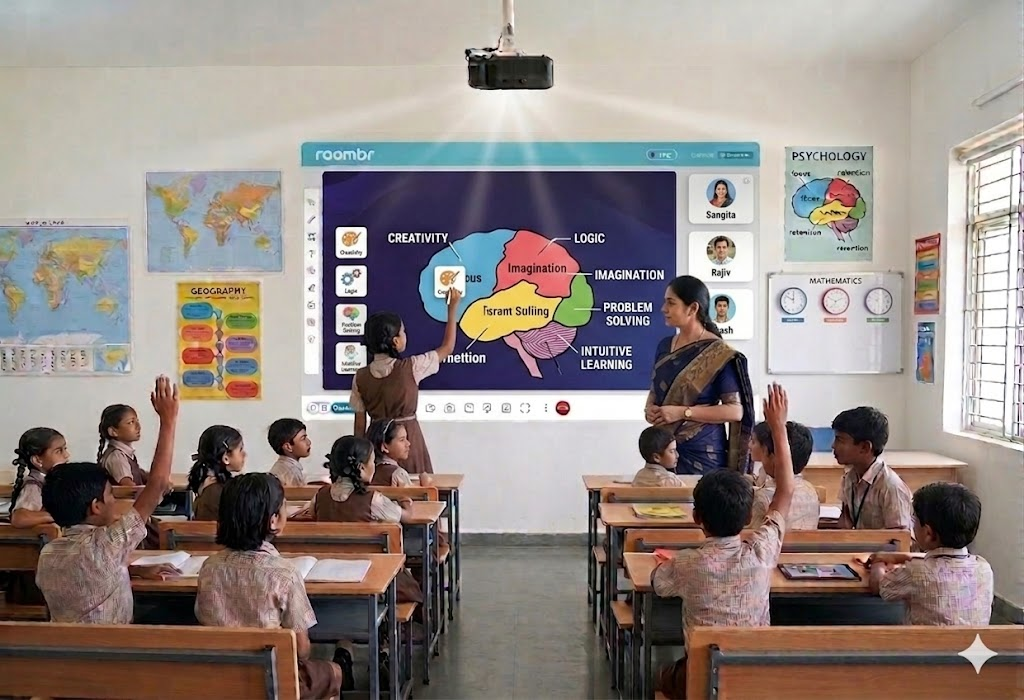 Student using Roombr digital board for teaching in an interactive Indian smart classroom.