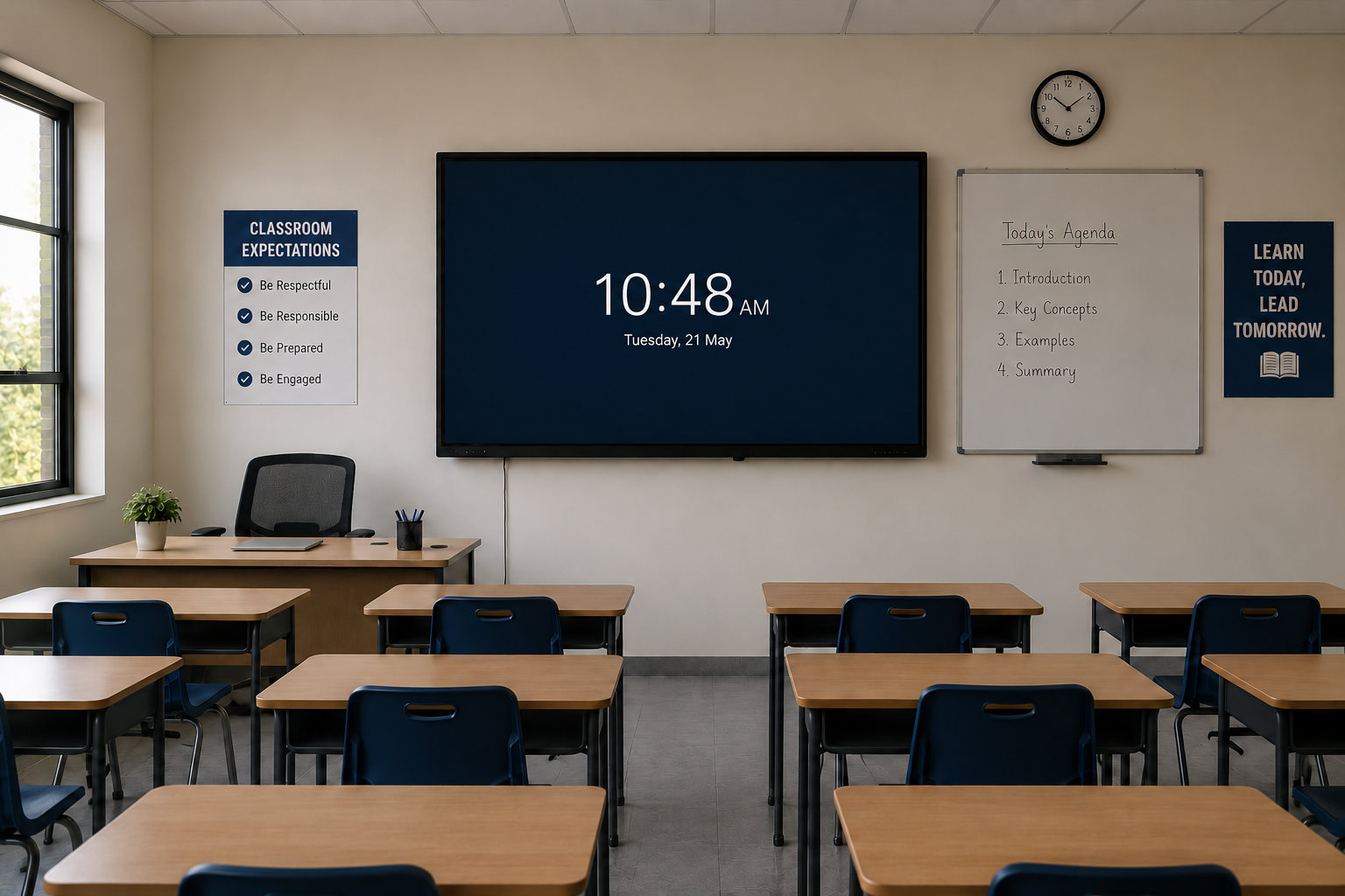 A digital board in an empty classroom with chairs and desks. 