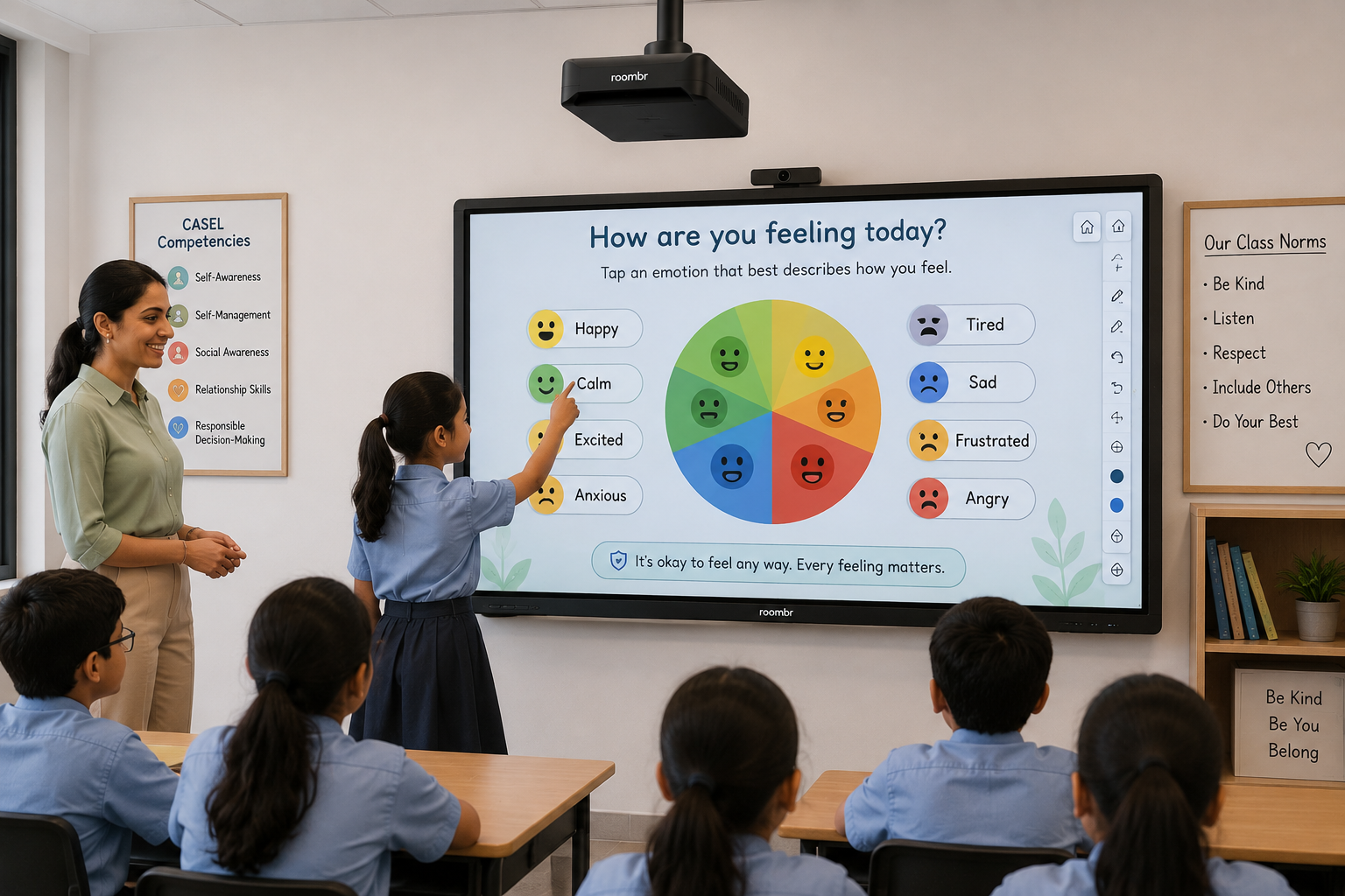 Student using Roombr digital board for classroom mood check-in during SEL activity with teacher