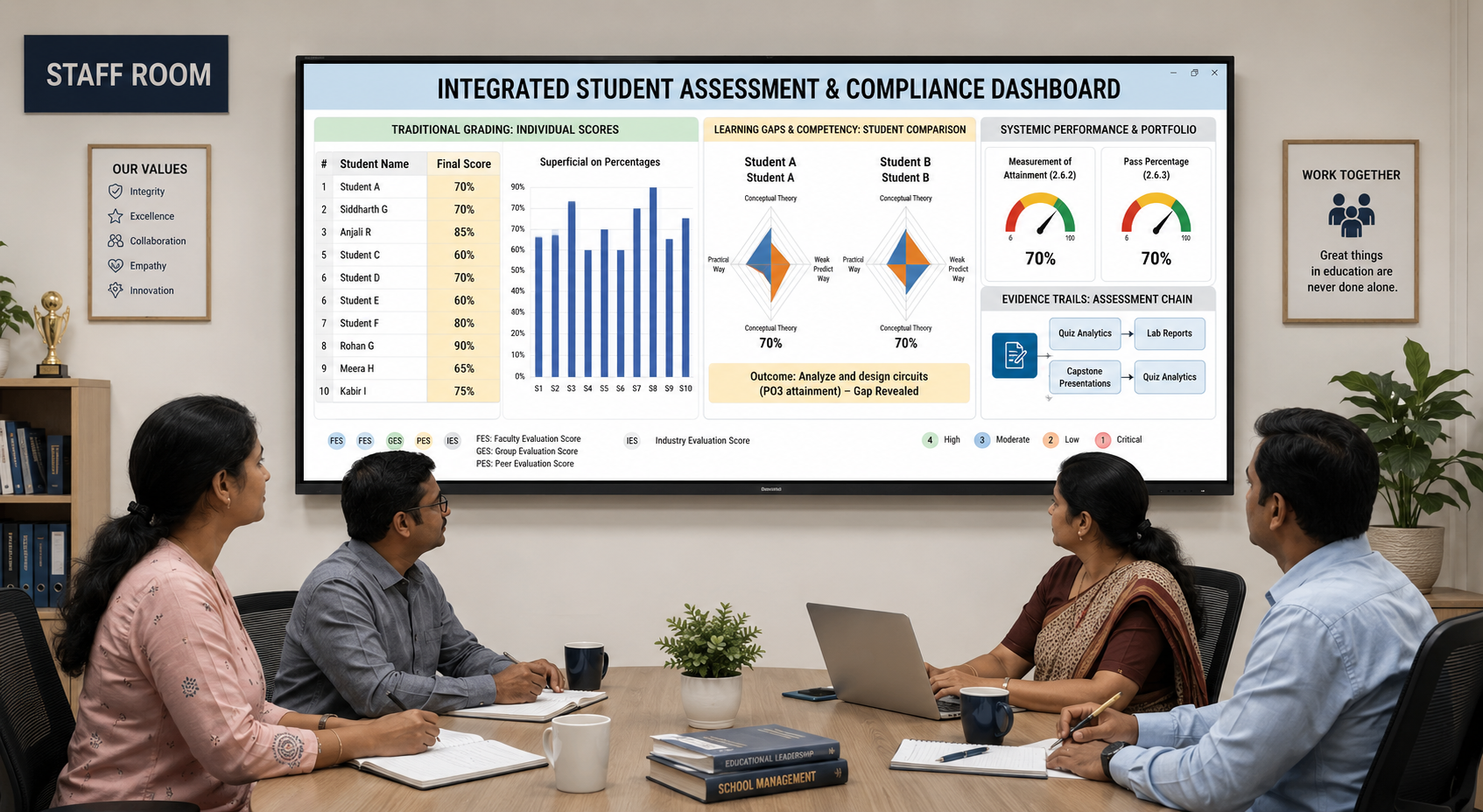 School staff reviewing student assessment dashboard on interactive display
