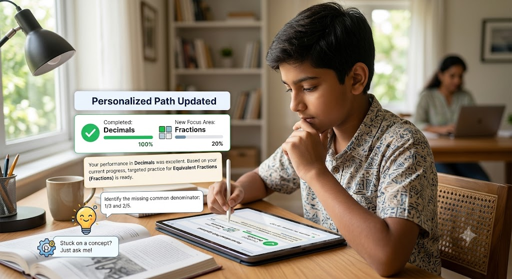 Student using an AI digital learning tablet for personalized math practice.