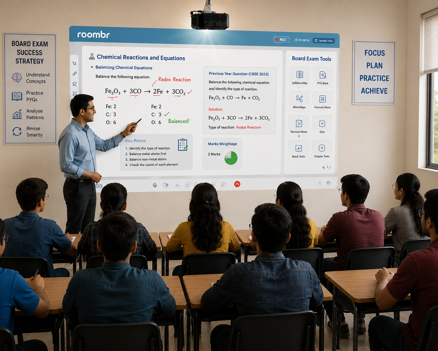 High school smart classroom using Roombr interactive board for Class 12 chemistry lesson.