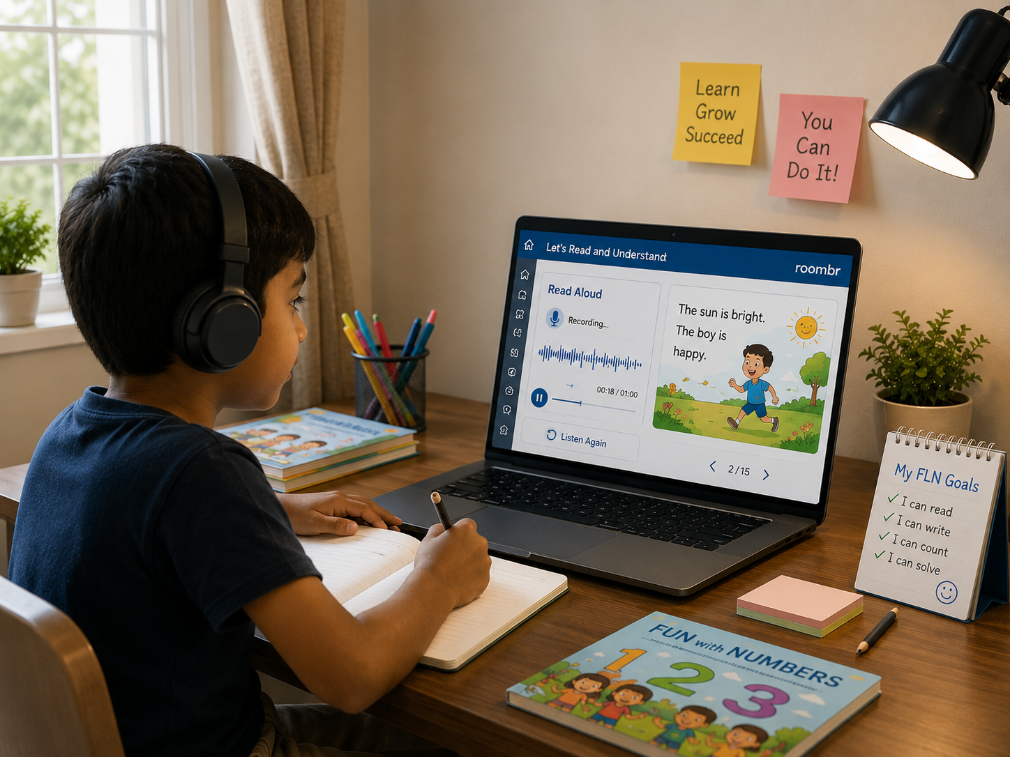 Child using digital classroom solution at home for FLN reading practice with lesson playback.