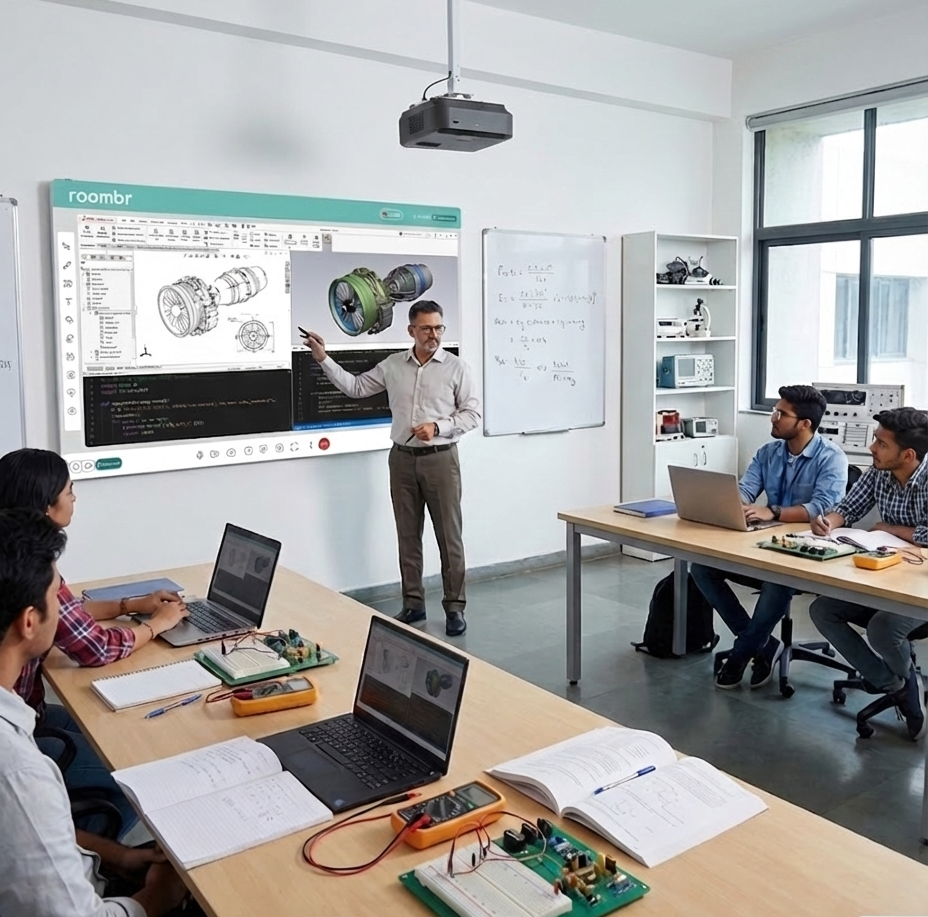 Professor teaching a technical lesson on an interactive display in a smart classroom, with students seated in a U-shape with laptops.