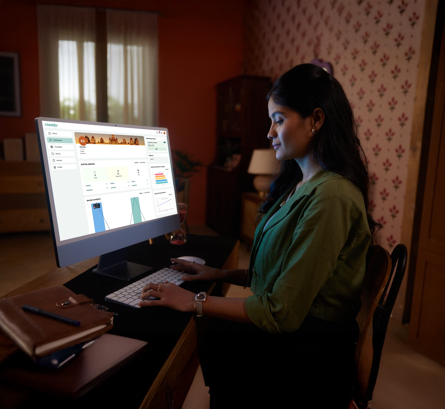 Student using Roombr AI agent on a desktop at home to study.