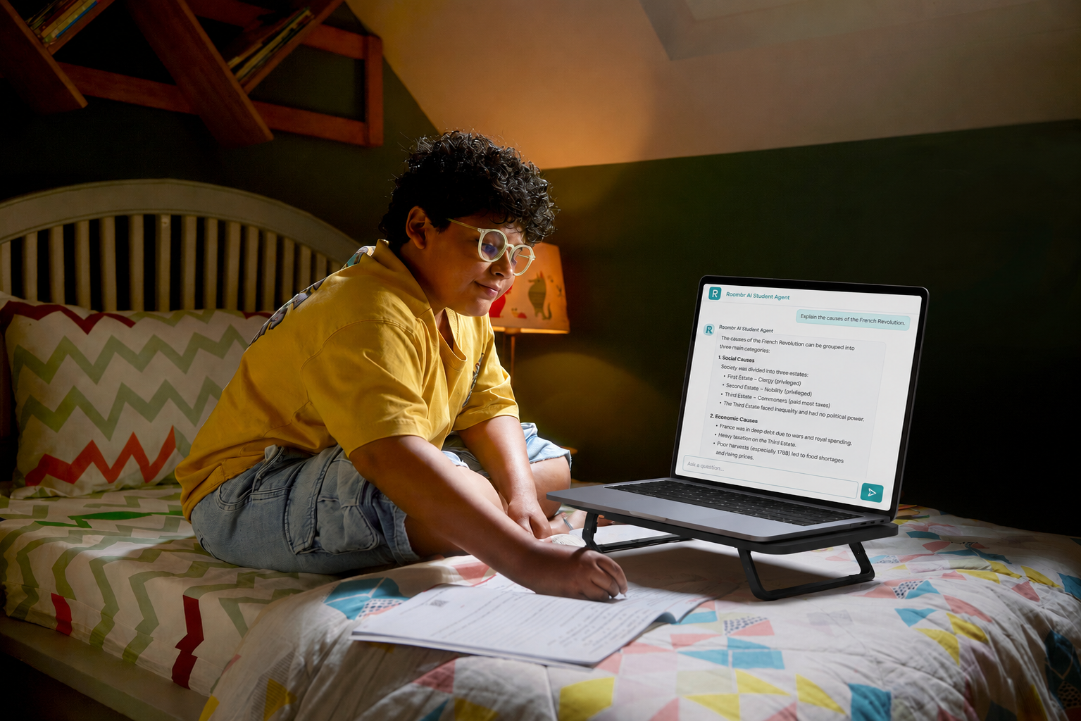 Student using Roombr's AI Student Agent for 24/7 homework help at home