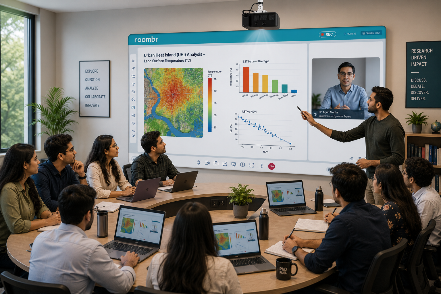 Students sitting in U-shape in a university classroom for hybrid research collaboration using smart classroom technology