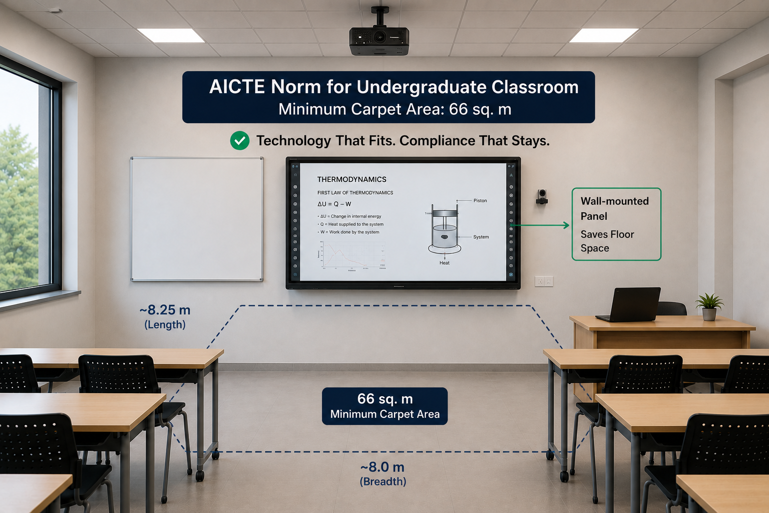 AICTE-compliant university classroom with ceiling-mounted projector and interactive teaching wall.
