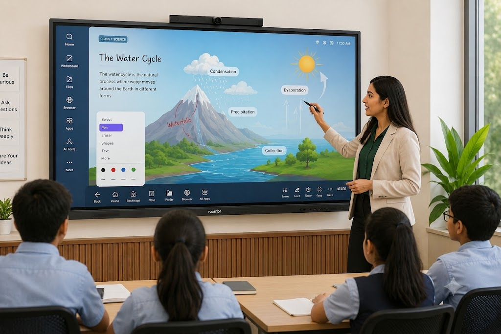 Teacher using a smart board to teach the water cycle to students.