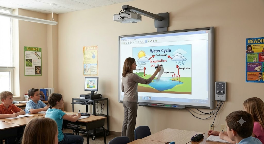 Teacher using an interactive whiteboard to teach the water cycle to students.