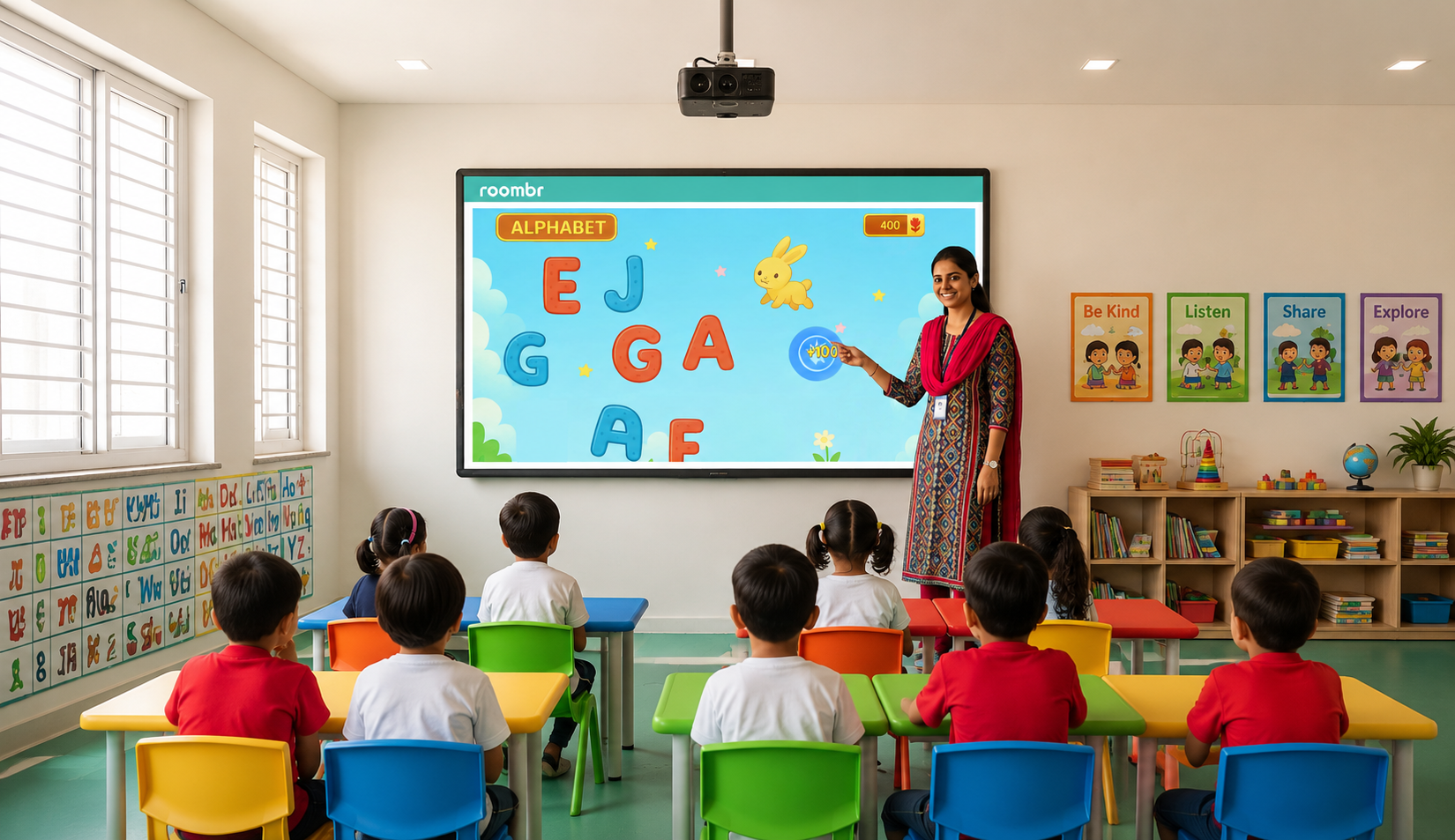 Teacher teaching the alphabet on an interactive display in a kindergarten classroom.