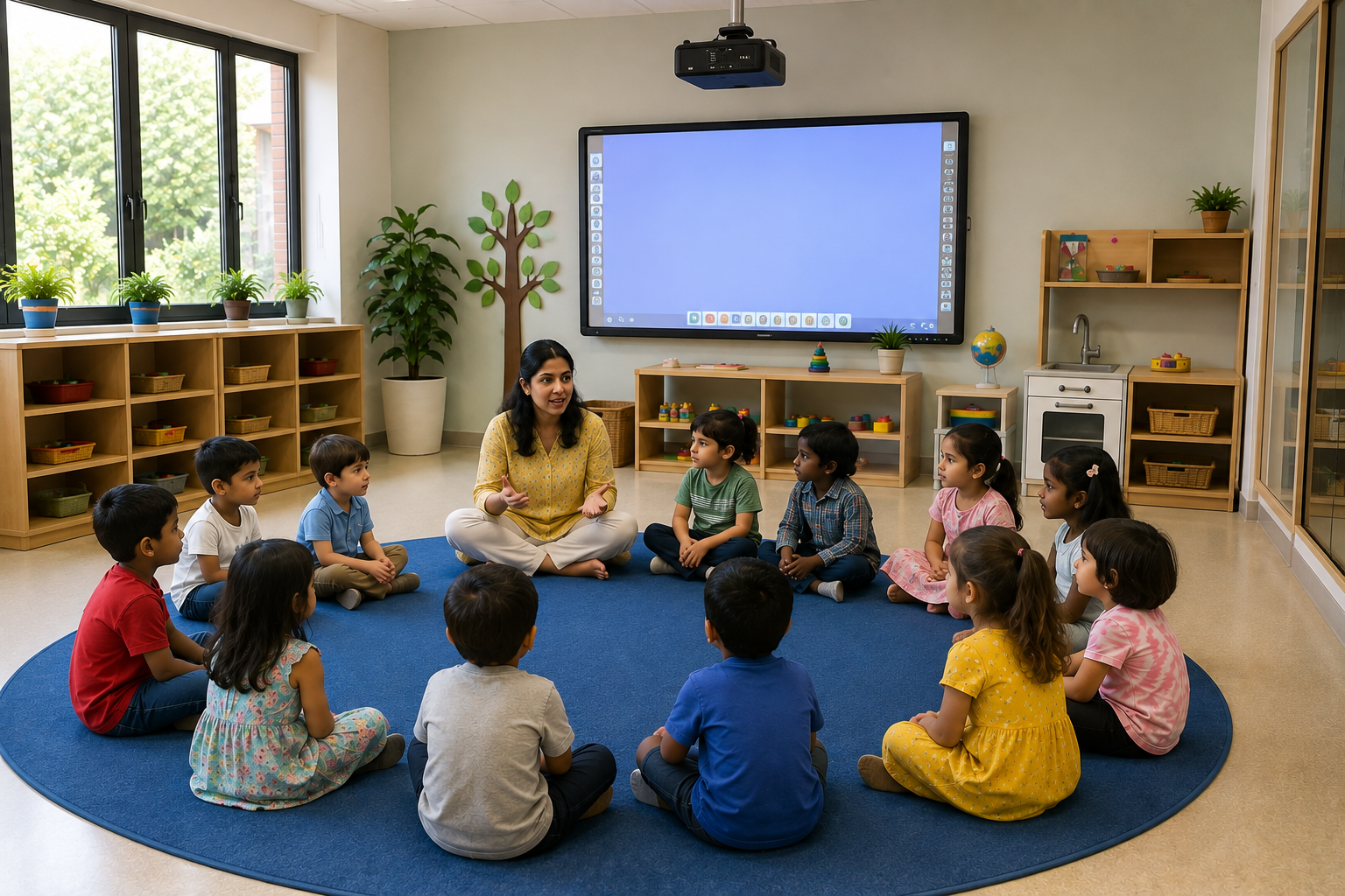 Teacher leading circle time in a nursery classroom with interactive display and ceiling-mounted projector.