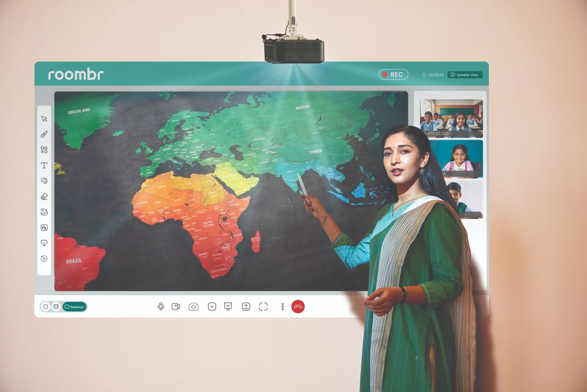 A teacher using Roombr smart class projector and interactive display for teaching and hybrid learning.