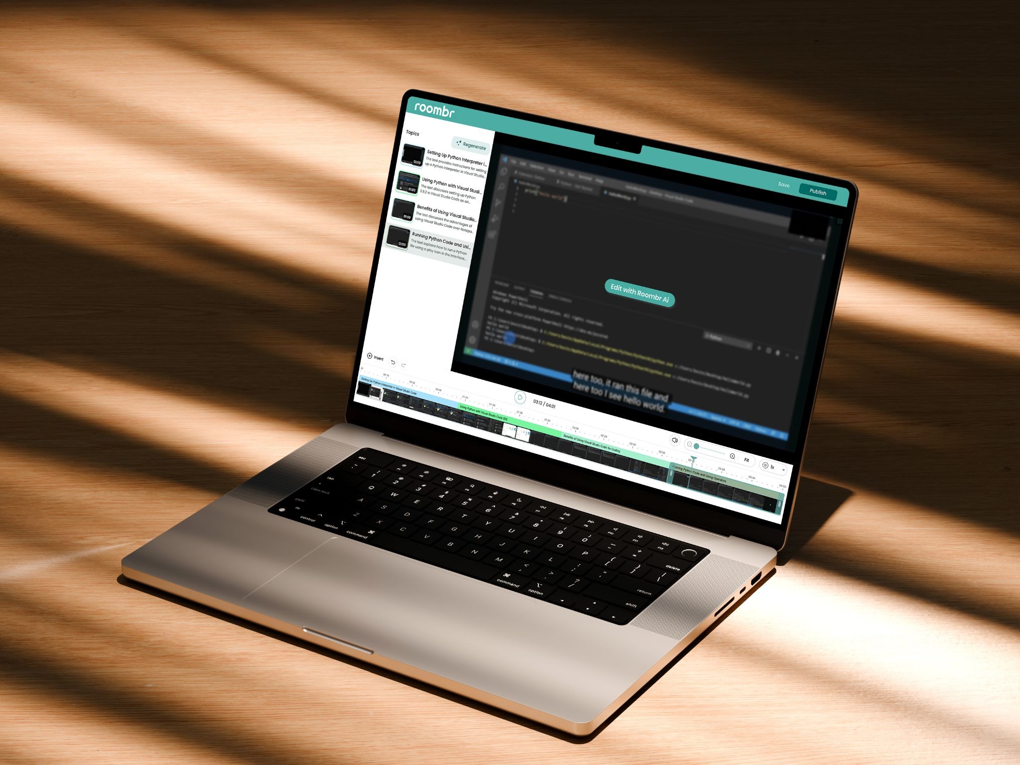A laptop showing AI-powered chapterization and recorded class tagging in Roombr App. 