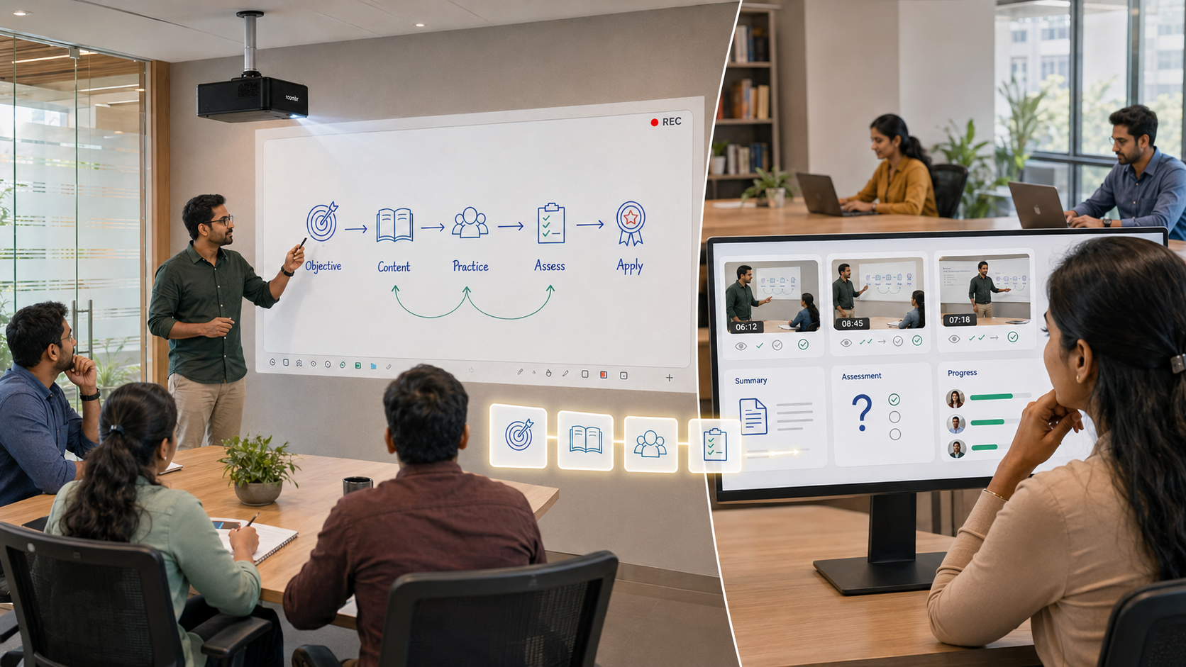 Roombr interactive office training system converting a recorded workshop into reusable learning modules, assessments and employee progress data.