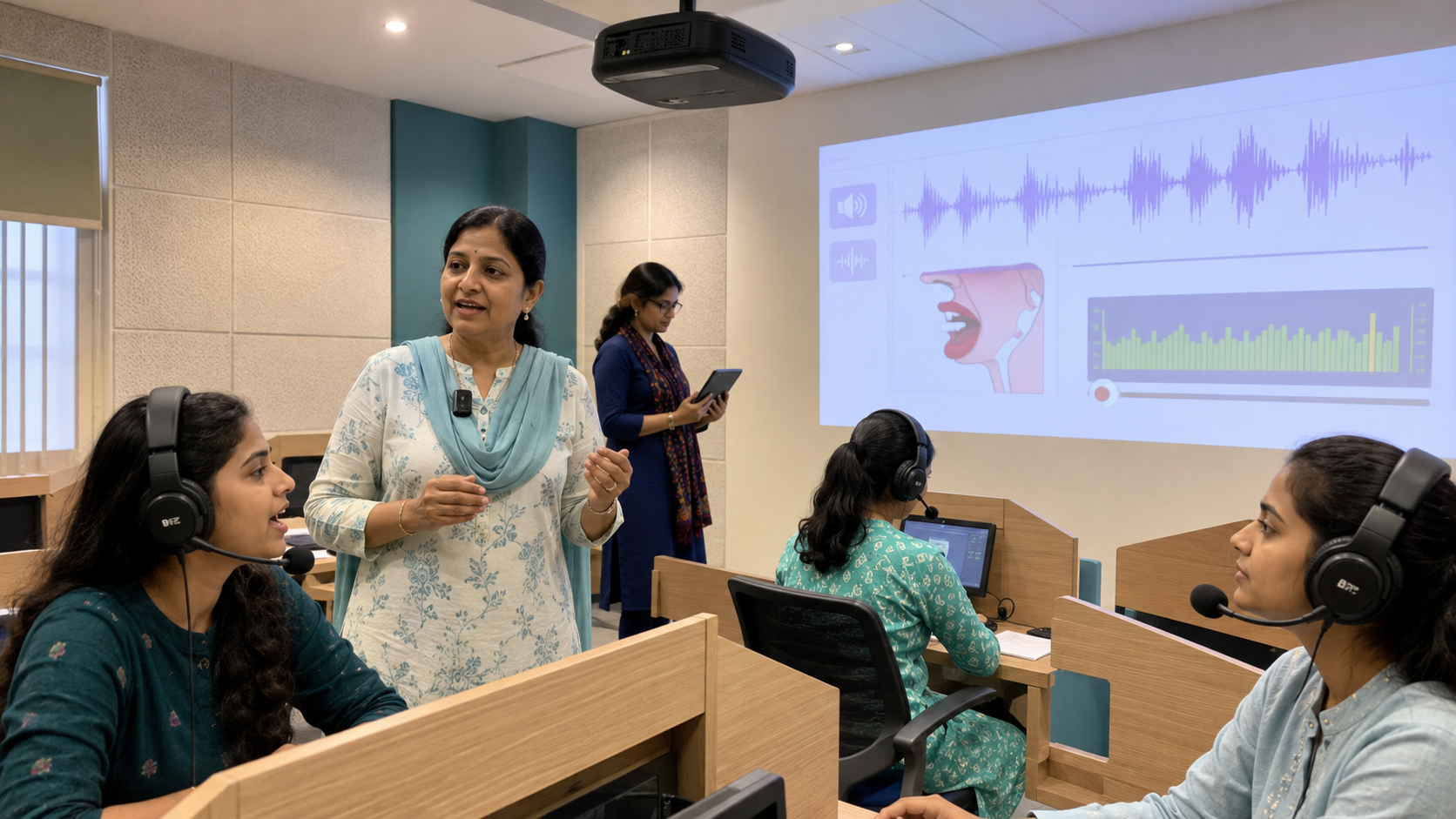 Teacher leading pronunciation practice in a digital language lab with headsets and projection.