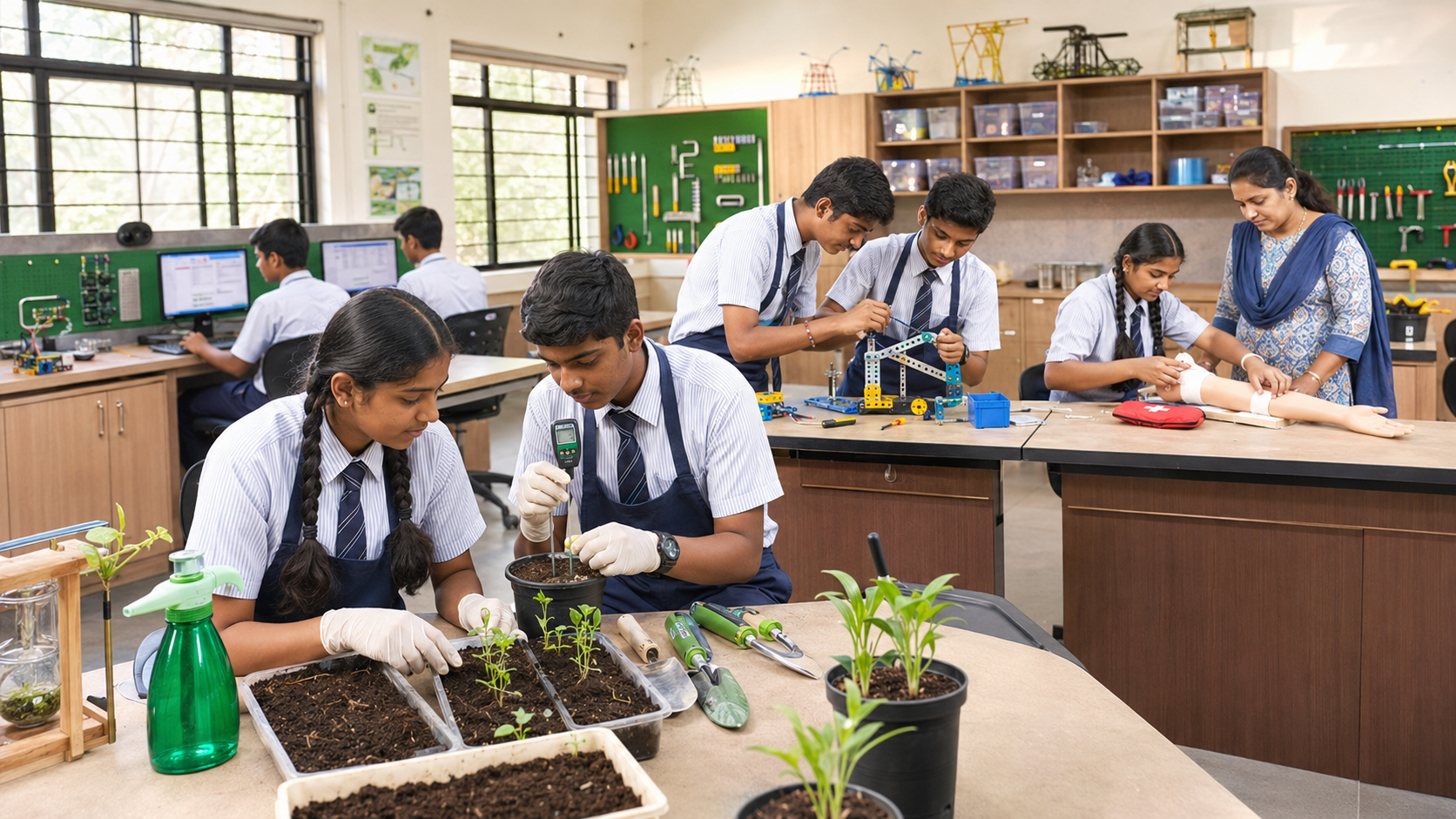 Students using agriculture, mechanical, healthcare and IT equipment in a CBSE skill lab.
