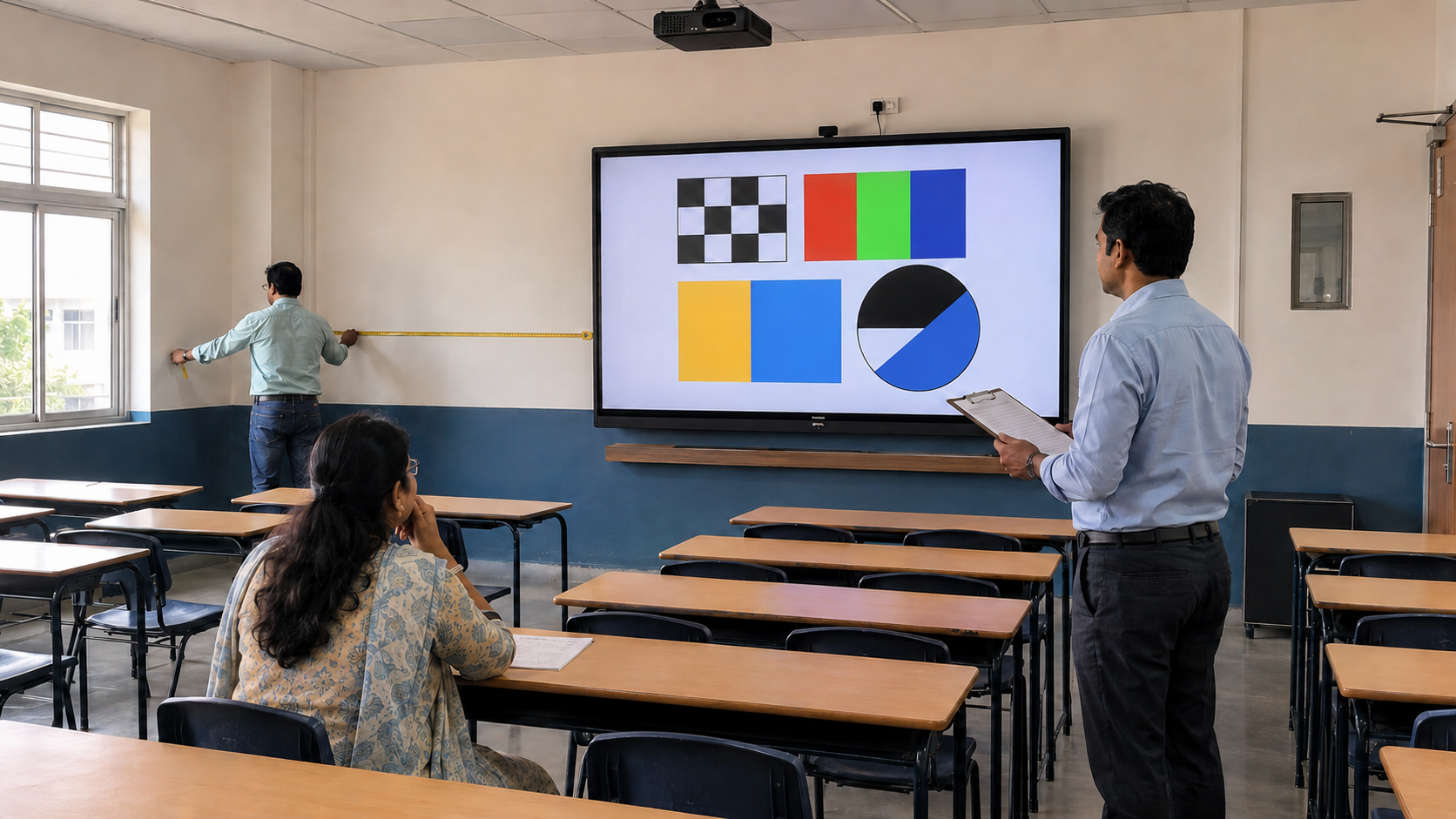 School team tests a digital board for teaching, room size and viewing distance.