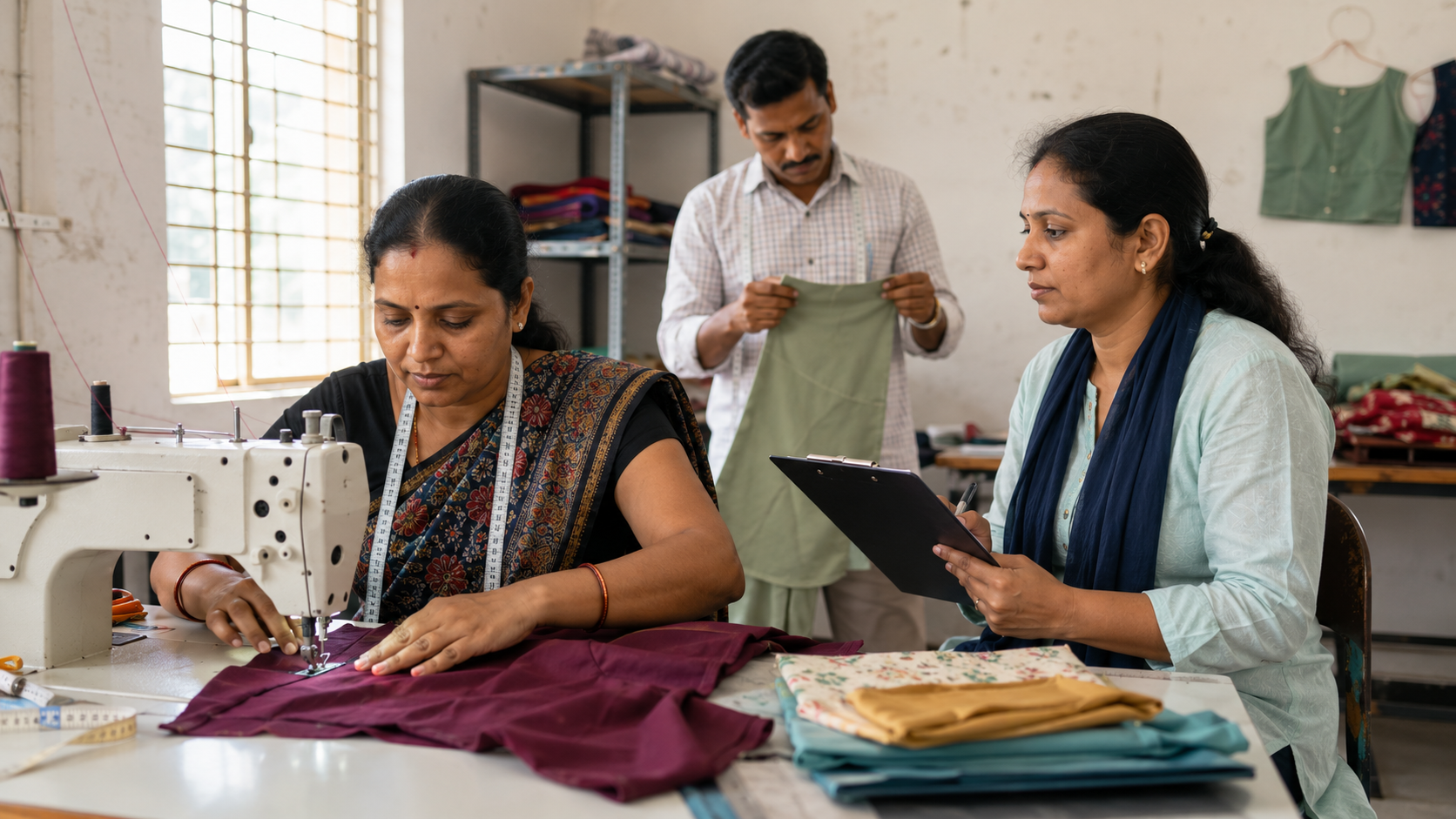 Experienced garment worker completes a practical RPL skills assessment in India.