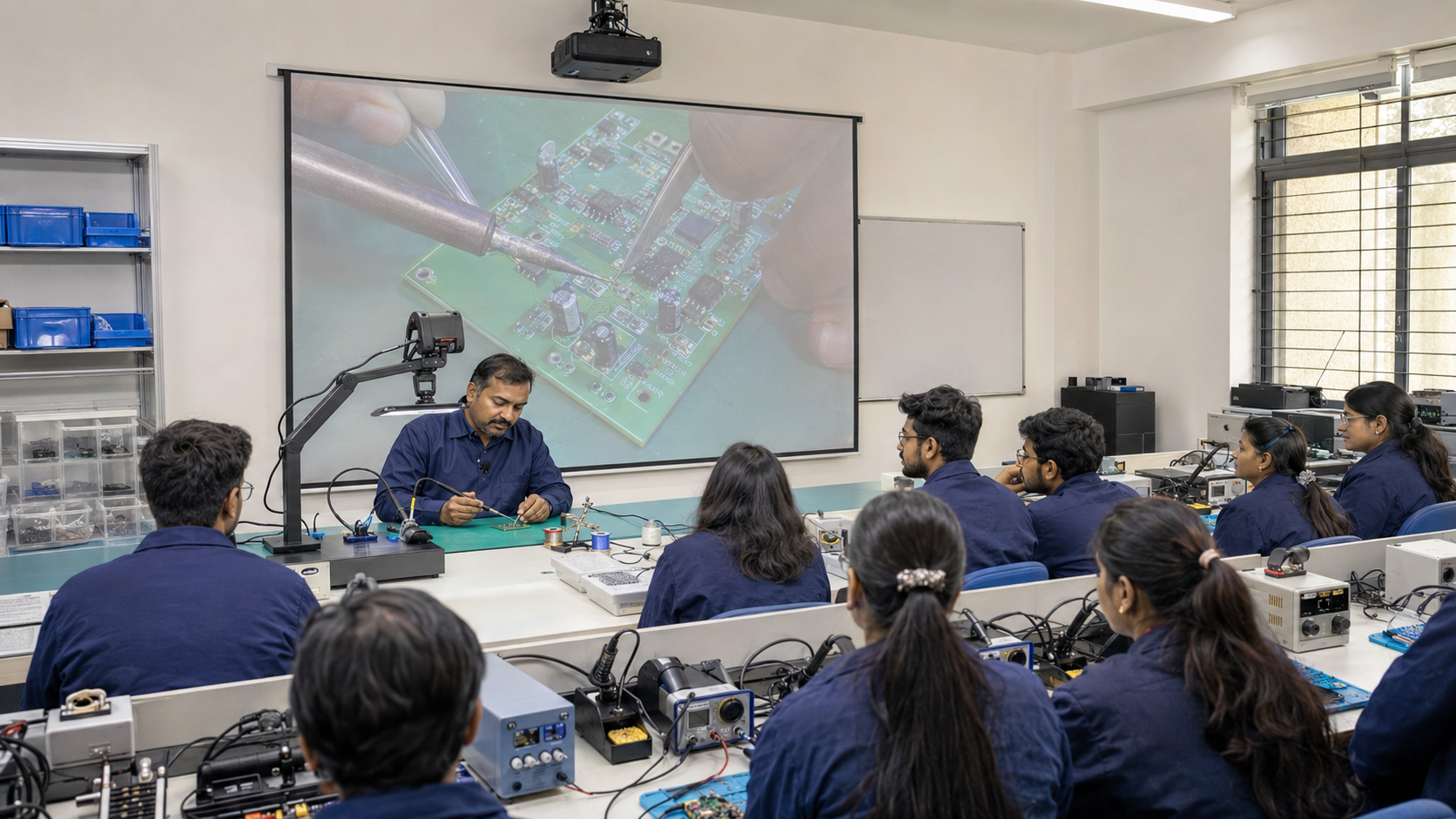 Instructor using a smart class projector to enlarge a soldering demonstration in a technical training institute classroom.