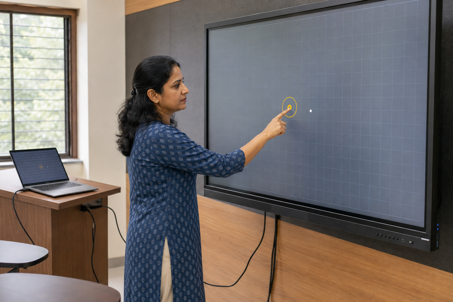 Teacher testing an unresponsive interactive flat panel touchscreen in a classroom.