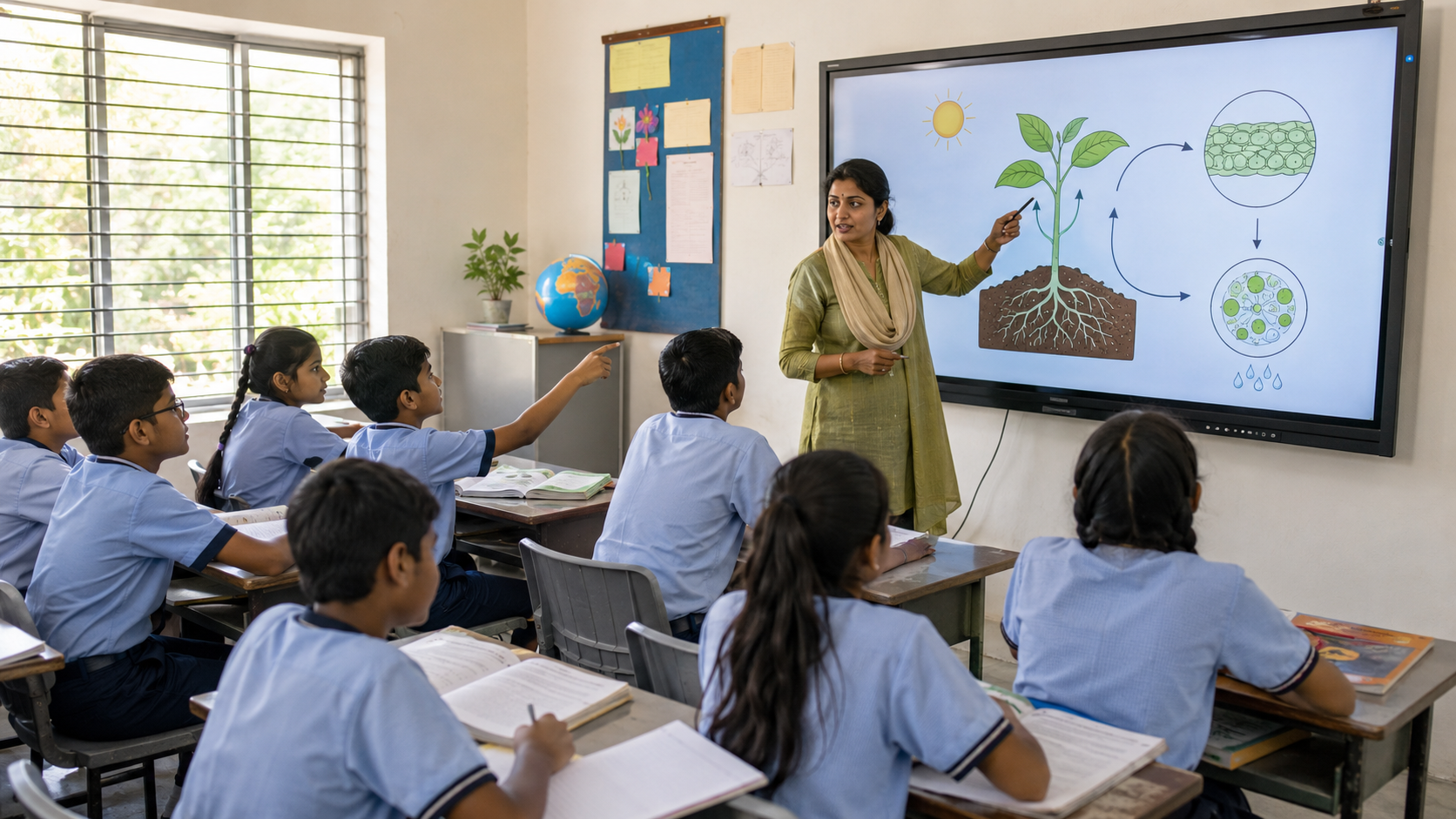 Indian teacher using digital classroom technology to explain a science lesson to students.