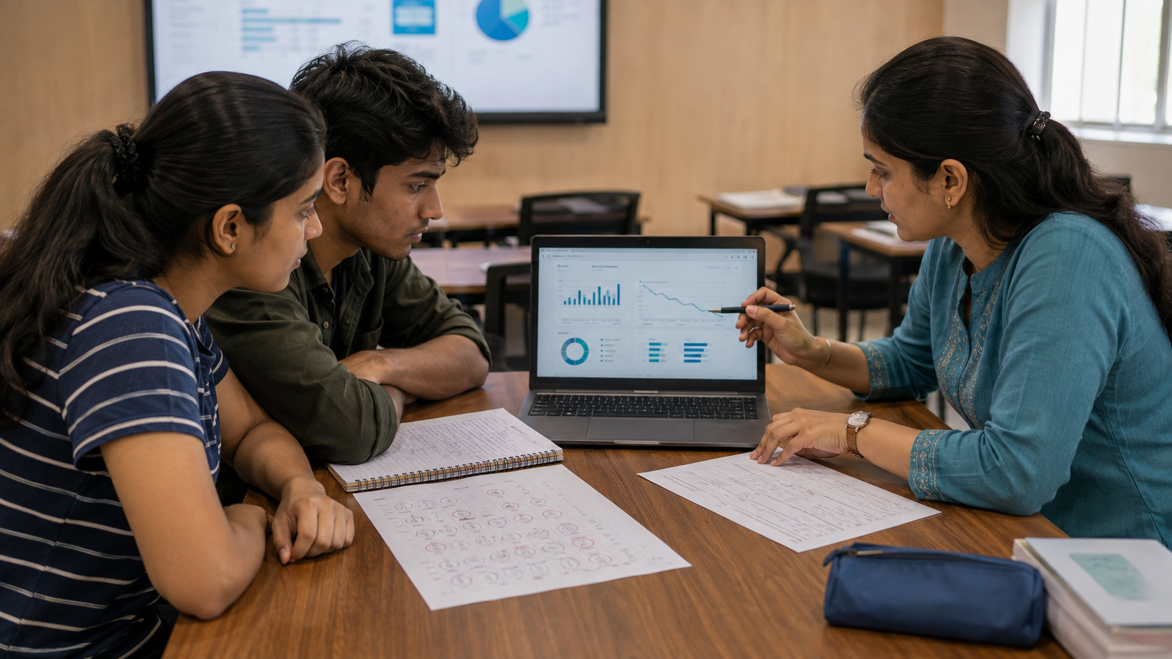 Tutor reviewing student performance data and planning targeted academic support at a coaching center.