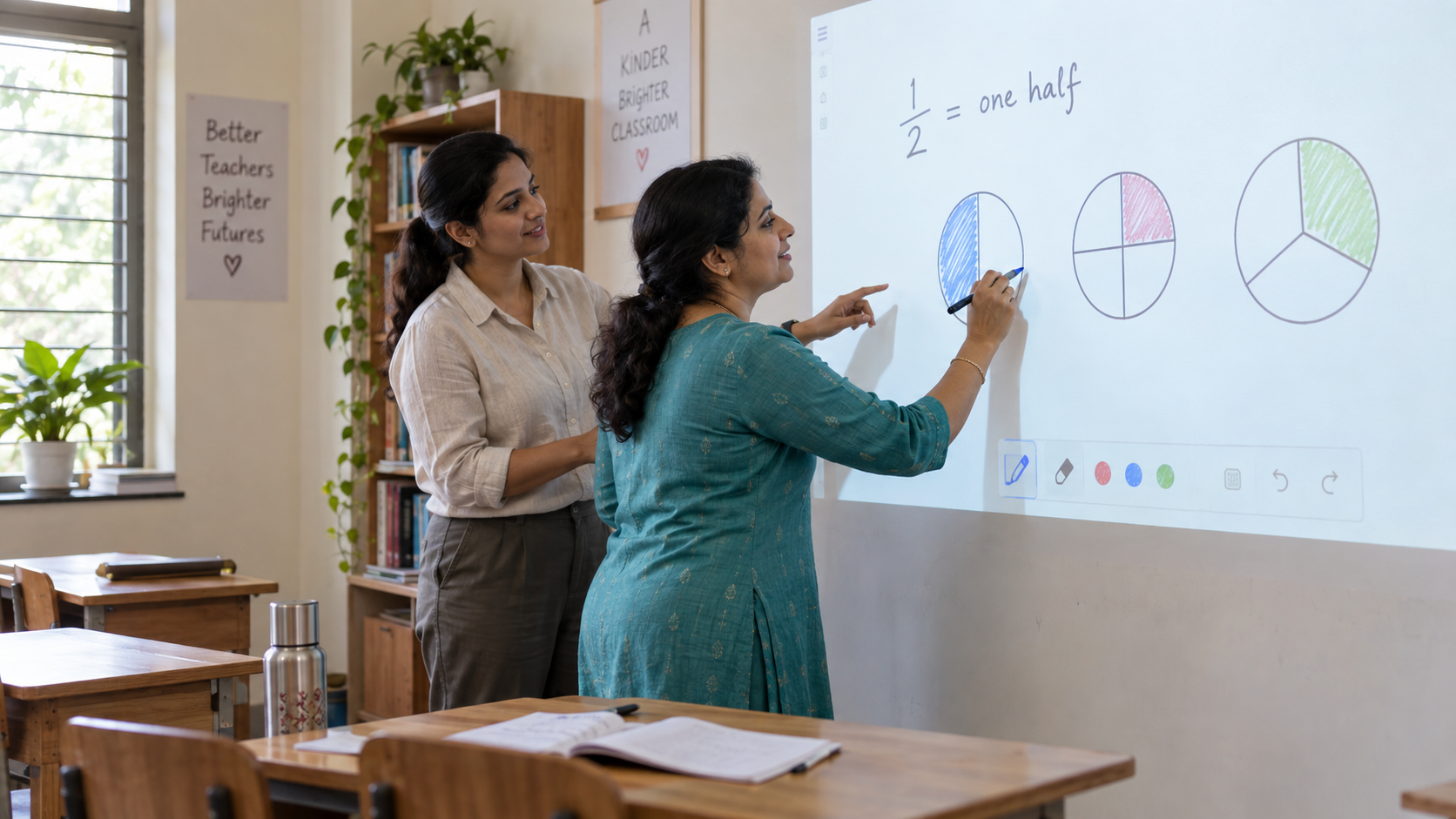 Teacher practicing digital board annotation with a trainer in an Indian classroom.