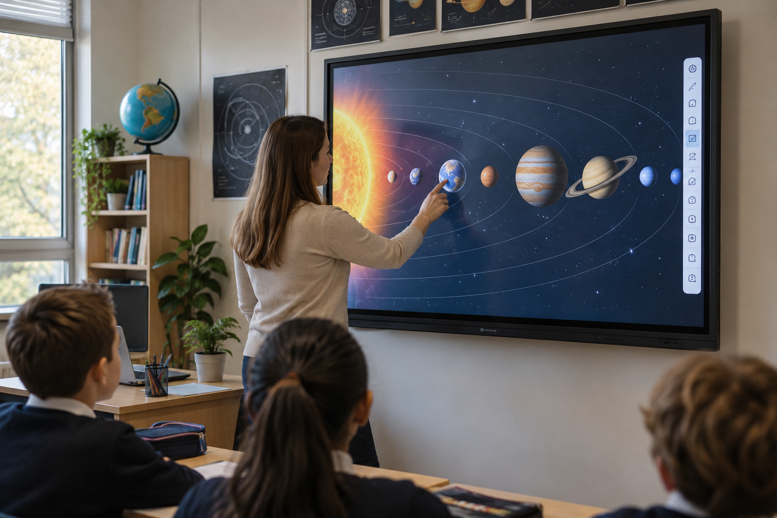 Teacher testing an existing digital lesson on an interactive panel in a classroom.