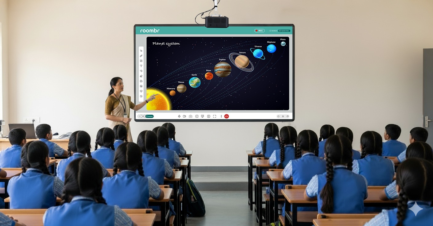 Teacher using Roombr digital classroom technology to explain solar system to students in a class. 