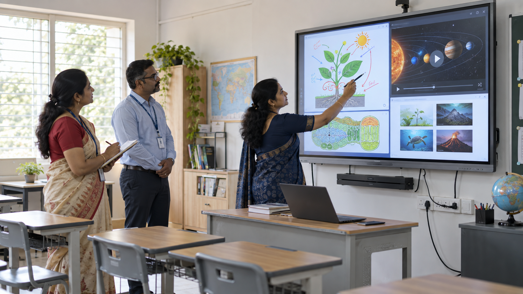 Teacher testing an interactive classroom display during a smart classroom demo.