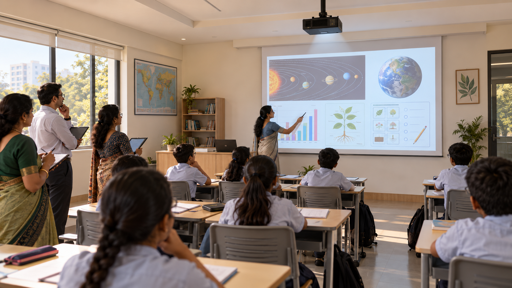 Teacher testing a smart class projector with students in a classroom.