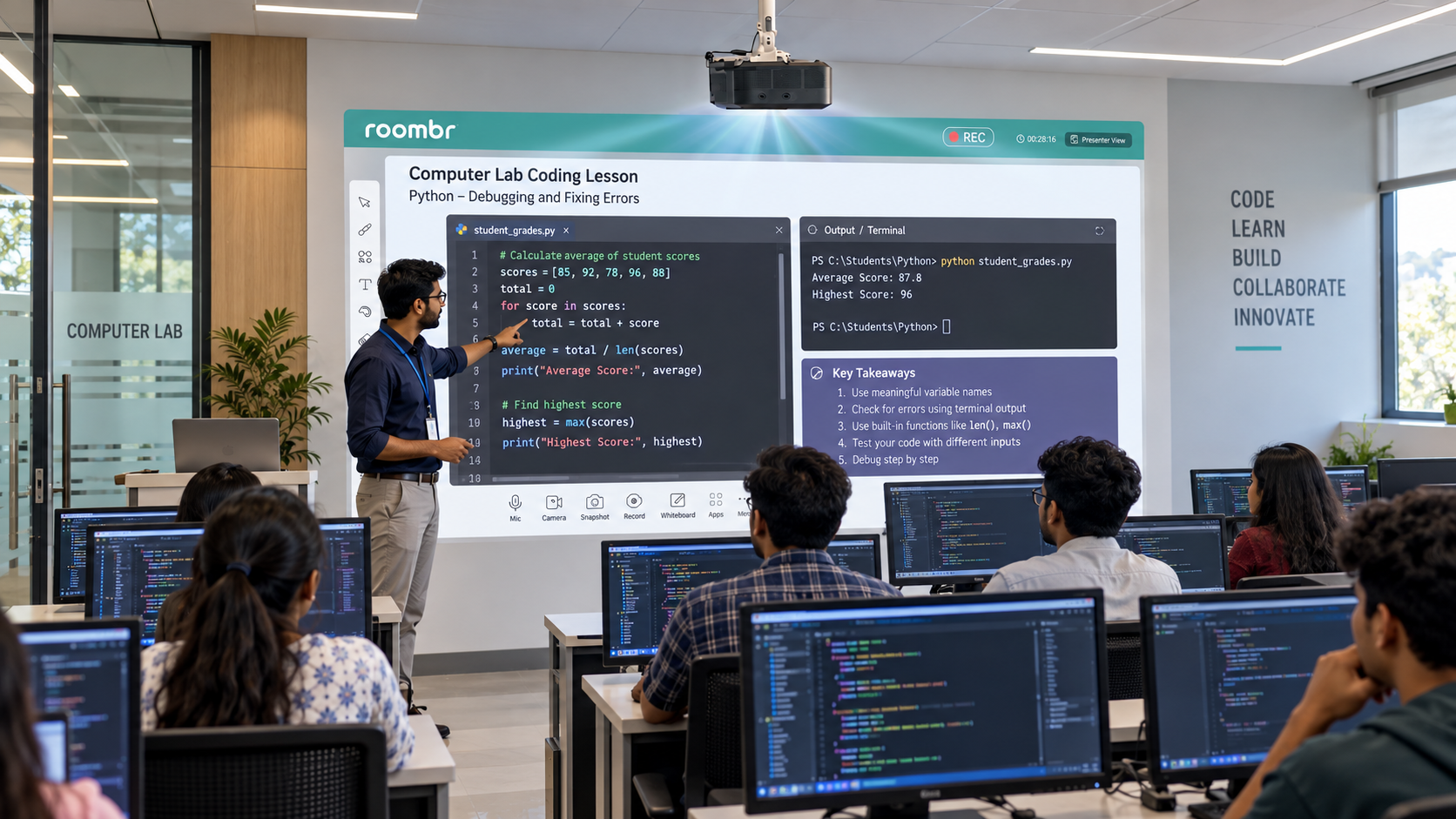 Roombr computer lab with students coding on PCs and an interactive projected teaching wall.