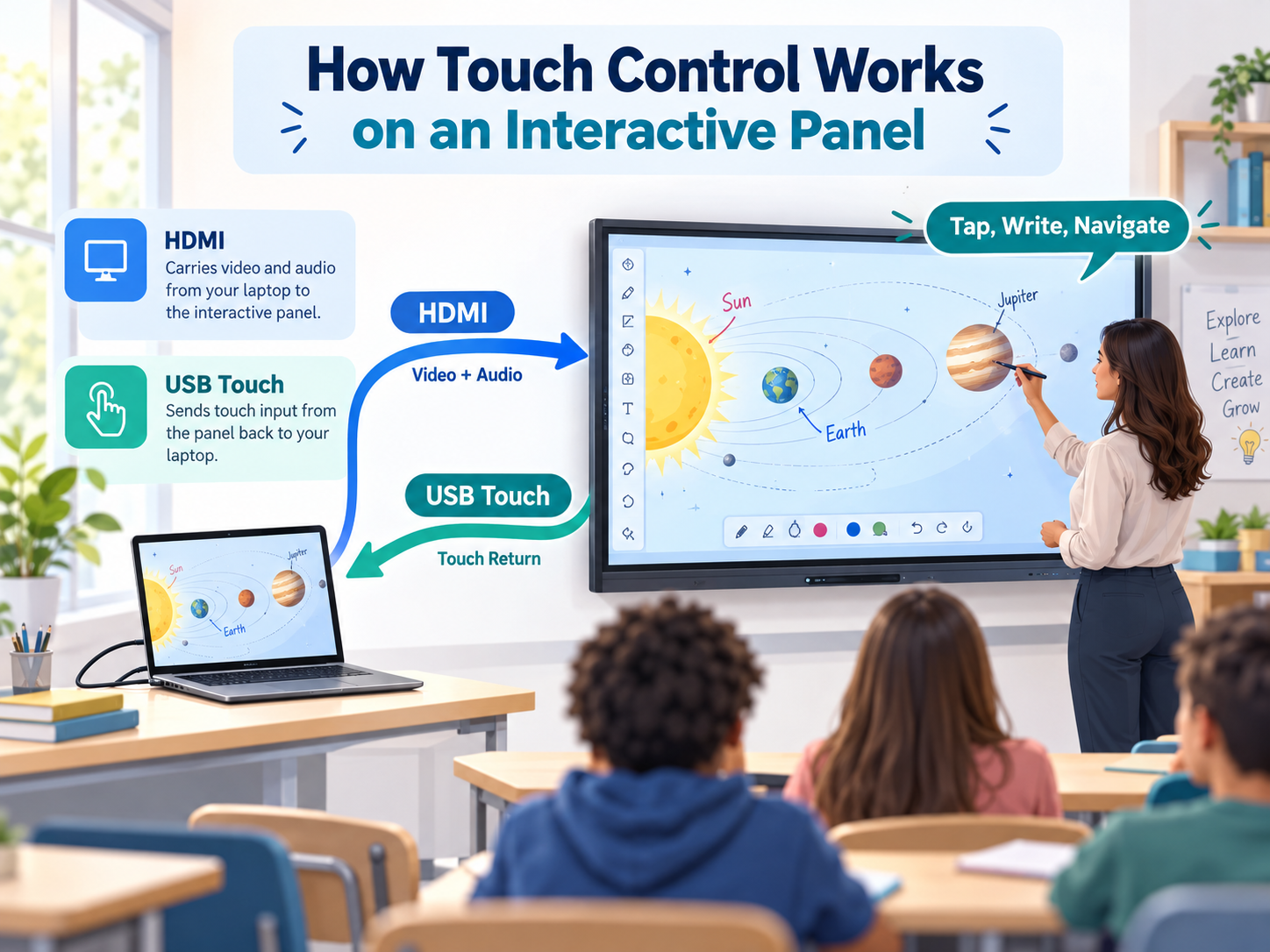 HDMI sends video and audio while USB touch returns control to the laptop.