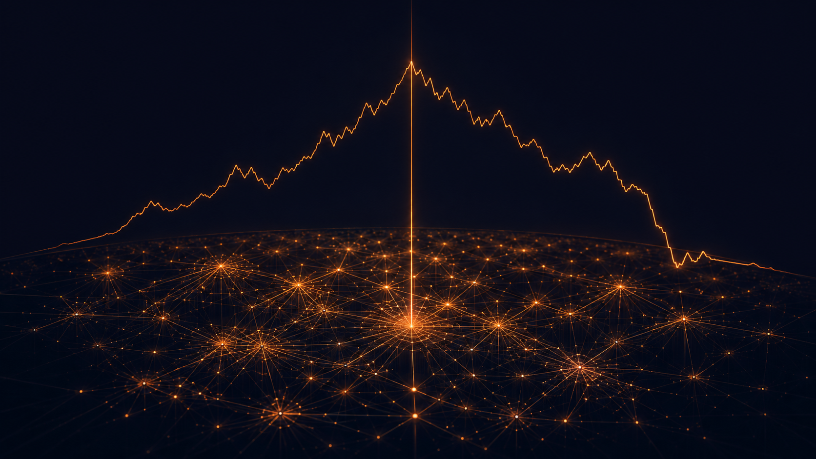 Editorial illustration showing a stock chart line above and a hidden coordinated behavioural network beneath, illustrating narrative risk for CFOs
