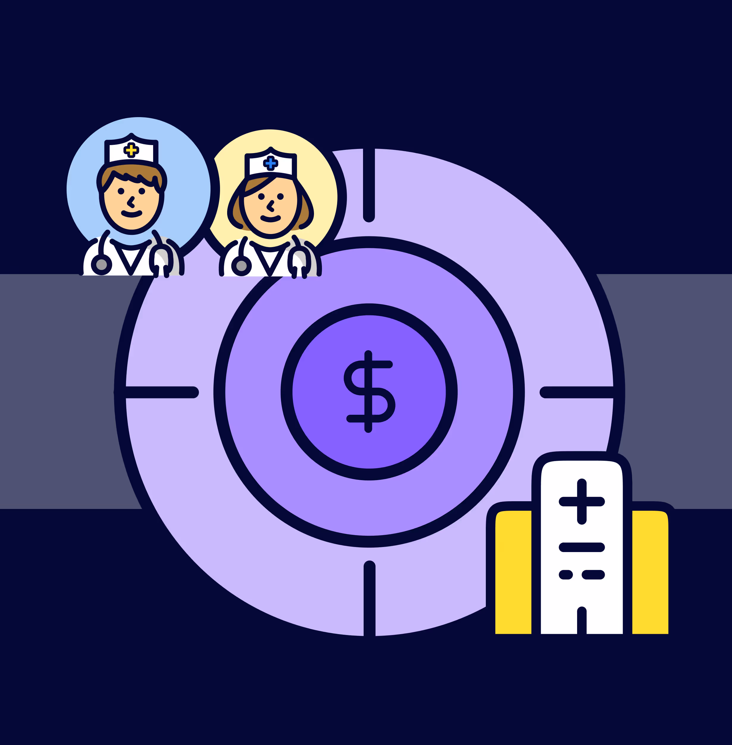 A graphic of a target bullseye with doctors and a hospital surrounding it.