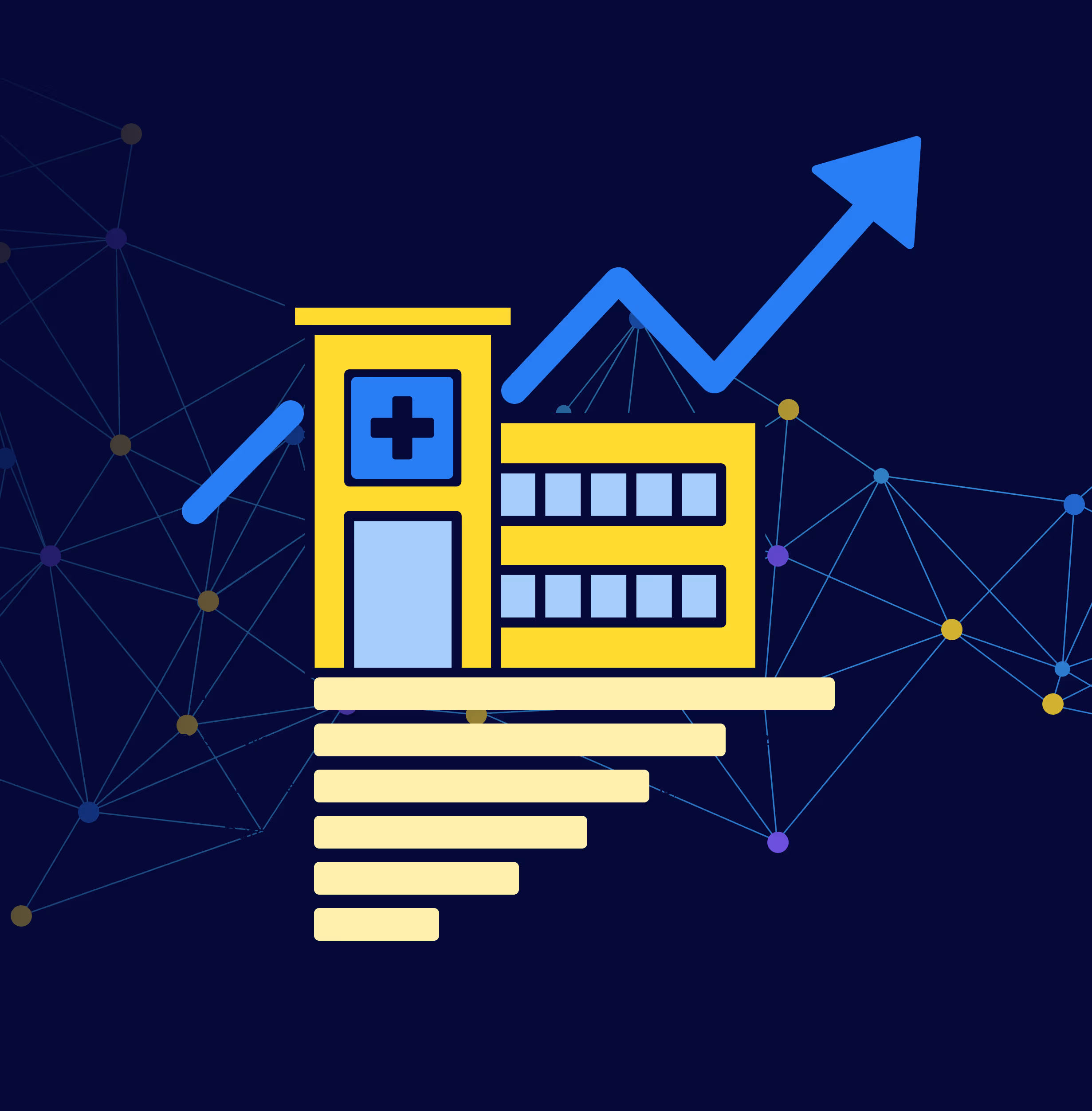 A graphic of a hospital with a arrow pointing upwards