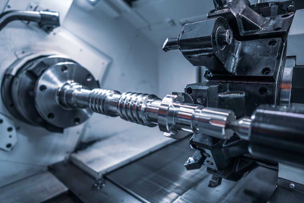 Close-up of a metal shaft being machined on a CNC lathe machine in a factory setting.