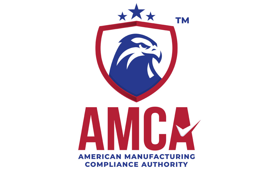 Logo of American Manufacturing Compliance Authority featuring a blue eagle head inside a red shield with three blue stars above, and the acronym AMCA in bold red letters below with a white check mark integrated into the letter A, and the full name written in blue beneath the acronym.
